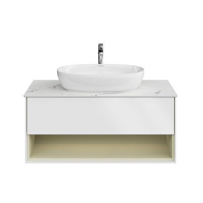 Тумба Plaza Modern/Плаза Модерн подвесная 100, нажимное открывание, 1 ящик, подсветка, белая матовая+шалфей