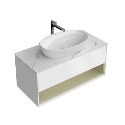 Тумба Plaza Modern/Плаза Модерн подвесная 100, нажимное открывание, 1 ящик, подсветка, белая матовая+шалфей