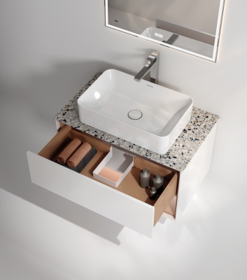 Тумба PLAZA Modern подвесная 80, push, 1 ящик, подсветка, белая матовая+сахара Тумба PLAZA Modern подвесная 80, push, 1 ящик, подсветка, белая матовая+сахара