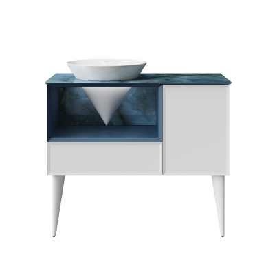 Тумба CONO подвесная с открытой полкой и ящиками 97, белая матовая-синяя Тумба CONO подвесная с открытой полкой и ящиками 97, белая матовая-синяя