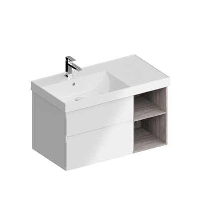 Тумба CUBO левая подвесная с ящиками 90, белая глянцевая-древесная Тумба CUBO левая подвесная с ящиками 90, белая глянцевая-древесная