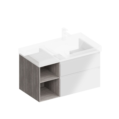 Тумба CUBO правая подвесная с ящиками 90, белая глянцевая-древесная Тумба CUBO правая подвесная с ящиками 90, белая глянцевая-древесная