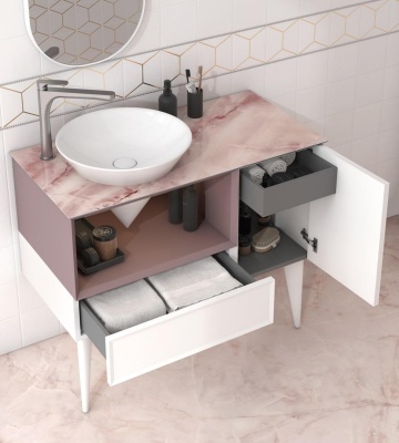 Тумба CONO подвесная с открытой полкой и ящиками 97, белая матовая-мальва Тумба CONO подвесная с открытой полкой и ящиками 97, белая матовая-мальва