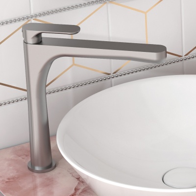 Смеситель для раковины OLE однорычажный высокий без донного клапана, титановый атласный