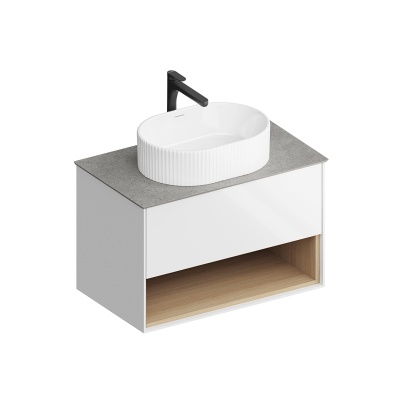 Тумба PLAZA Modern подвесная с ящиком и полкой 80, белая глянцевая Тумба PLAZA Modern подвесная с ящиком и полкой 80, белая глянцевая