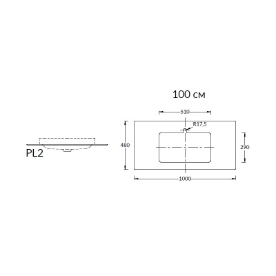 Столешница из керамогранита для раковин, встраиваемых сверху, Парнас 100 см, пепельный лаппатированный