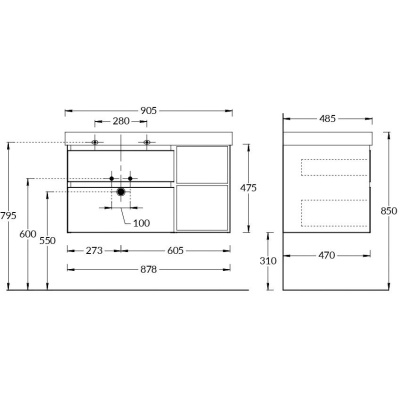 Тумба CUBO левая подвесная с ящиками 90, белая матовая-древесная Тумба CUBO левая подвесная с ящиками 90, белая матовая-древесная