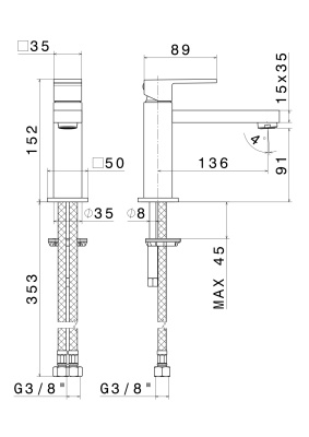 Смеситель для раковины FUTURA однорычажный без донного клапана 3/8, хром
